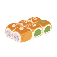 Delightful illustration of sweet buns with colorful fillings and elegant white icing swirls