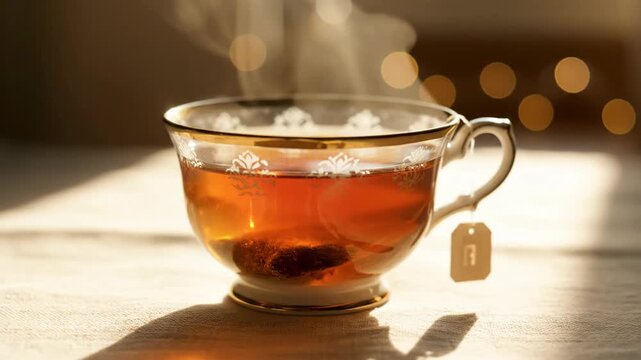 Hand dipping teabag into steaming hot tea cup in warm light