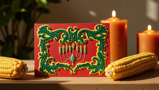 Kwanzaa greeting card on table beside candles and corn in modern style  
