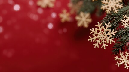 Festive holiday background with golden snowflakes and pine branches for seasonal design