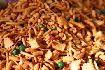 Indian namkeen mixture close up crispy snack texture