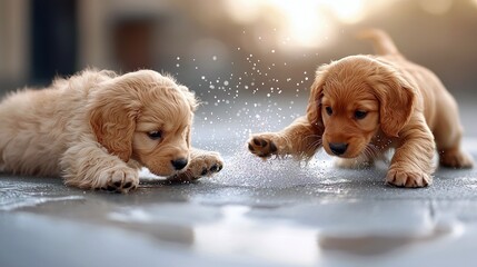 Two adorable golden retriever puppies are playing with water droplets on a wet surface. One puppy is lying down, while the other is in a playful pose, reaching
