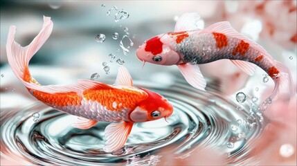 Two colorful koi fish swim gracefully through clear, rippling water, surrounded by rising bubbles. The scene is illuminated with soft, diffused light, creating