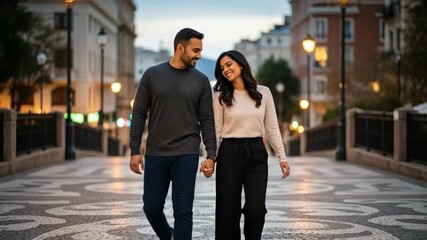 Evening stroll: couple walking joyfully on patterned urban path under city lights - Powered by Adobe