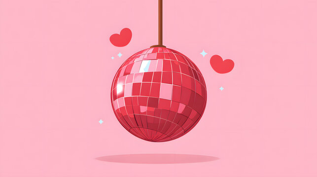 Sparkling red disco ball with hearts on pink background - Powered by Adobe