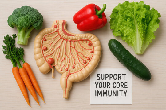 Mesentery model with fresh vegetable for gut health and core immunity support. medical prevention setup showing nutrition for healthy digestive system and wellness concept