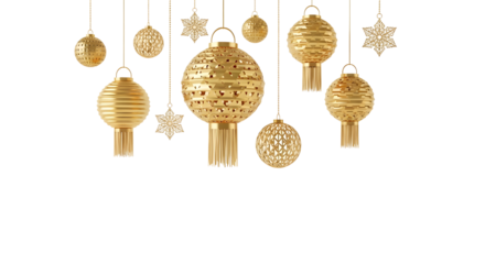 Elegant golden Christmas ornaments bring festive sparkle, perfect for holiday promotions, seasonal greetings, and luxurious event decor, creating a magical atmosphere