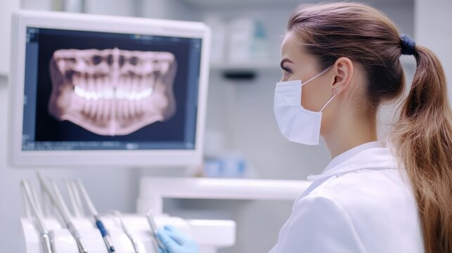 Dentist with mask looking at digital teeth examination on monitor