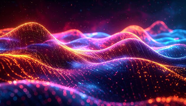 Abstract landscape with wavy, colorful, glowing patterns; purple and orange hues; particles dot the scene