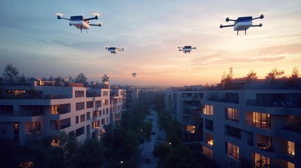 Drones delivering packages over a residential cityscape at sunset