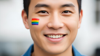 Smiling Asian Man with Rainbow Pride Flag Sticker on Cheek Portrait