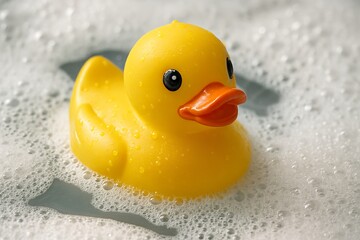 Yellow rubber duck floating in soapy foam and water, closeup view. Cute bath toy surrounded by bubbles, clean bathroom scene with soft light, playful and hygienic washing concept