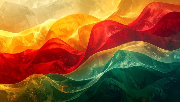 Abstract colorful waves cascade across the image in layers of warm and cool tones