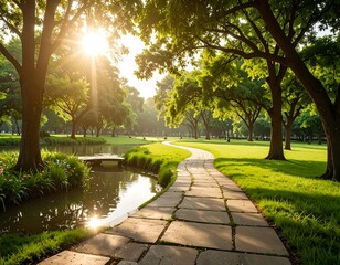Serene park path at sunrise