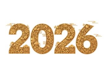 Golden 2026 floral numbers celebrate Chinese New Year festivities and lucky year, shimmering wealth and prosperity wishes for new beginnings and traditions