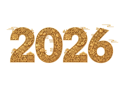 Golden 2026 floral numbers celebrate Chinese New Year festivities and lucky year, shimmering wealth and prosperity wishes for new beginnings and traditions