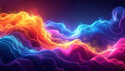 Abstract layers flow together, with blended hues of pink, blue, yellow, and orange against a dark, starry background