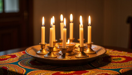 Candles placed on African patterned cloth in modern casual style  