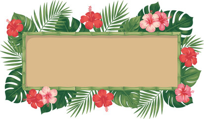 Tropical floral bamboo frame with vibrant green leaves and hibiscus flowers, blank banner background for summer themes, exotic decorative border design