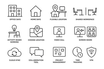 Modern workplace icons: flexible locations and remote tools for efficient collaboration