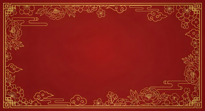 Elegant Chinese New Year background with golden floral frame on deep red for festive celebration, adding a touch of luxury and cultural richness