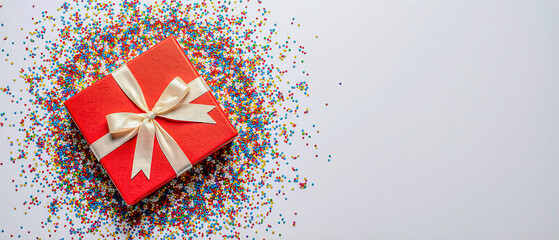 red gift box with confetti on white background