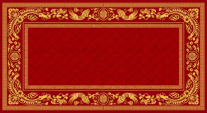 Luxurious golden phoenix frame on vibrant red backdrop for festive celebrations, traditional designs, and auspicious occasions, perfect for Chinese New Year