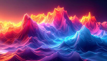 Abstract, glowing mountain range with warm and cool neon colors merging in a wavy pattern under a pink and purple sky