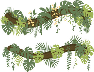 Tropical leaf garland illustration with monstera foliage, hanging vines, palm leaves and yellow flowers, jungle botanical decoration border design for nature themes