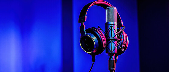 Neon cyan and magenta lights shine on a podcasting microphone and headphones, set on a black stand in a professional sound recording studio.