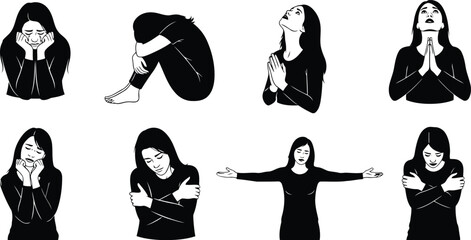 Monochrome illustrations of a woman expressing diverse emotions sadness, prayer, comfort, despair isolated on white