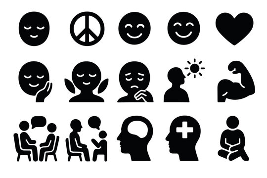 Set of emotional and mindfulness icons in black silhouette style