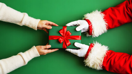 Santa claus giving a christmas present to a person on a green background top down eye level view