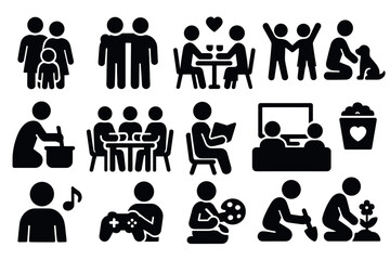 Family activities silhouettes: dining, reading, playing, gardening, cooking, and movie night