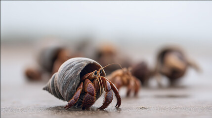 occupying. Hermit crab occupying an oversized shell, other crabs nearby in shallow tide pools. wildlife magazines, conservation campaigns, designed for eco-tourism storytelling.