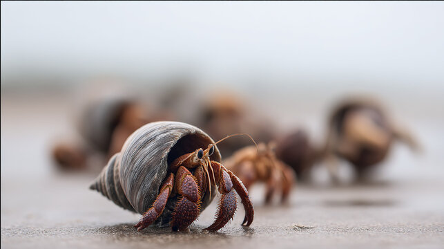 occupying. Hermit crab occupying an oversized shell, other crabs nearby in shallow tide pools. wildlife magazines, conservation campaigns, designed for eco-tourism storytelling.
