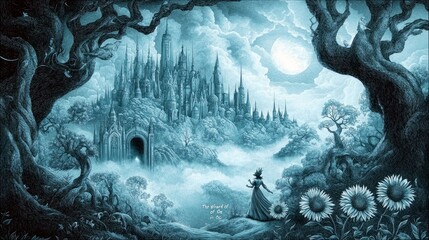 A lone woman in a long dress stands before a majestic, gothic castle shrouded in mist, under a large full moon. The scene is framed by dark, gnarled trees and b