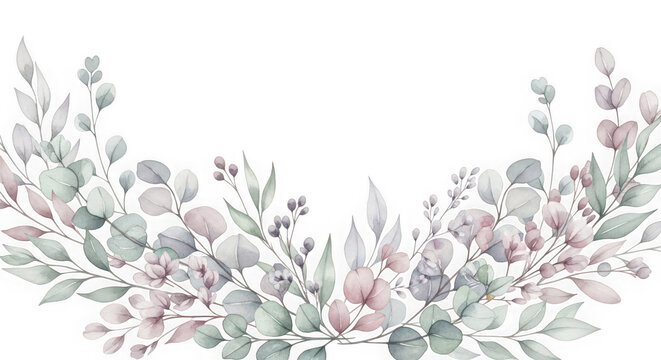 Watercolor floral arrangement with soft pastel eucalyptus and berry branches isolated on transparent background