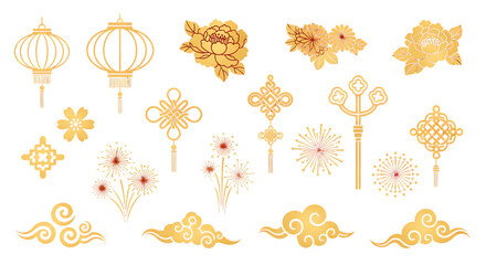 Celebrate Lunar New Year with golden lanterns, lucky knots, and festive fireworks, perfect for cultural events, traditional designs, and vibrant Asian celebrations