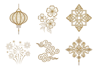 Elegant golden Chinese New Year icons blossom with tradition, perfect for festive designs and celebrating cultural heritage, bringing prosperity and joy