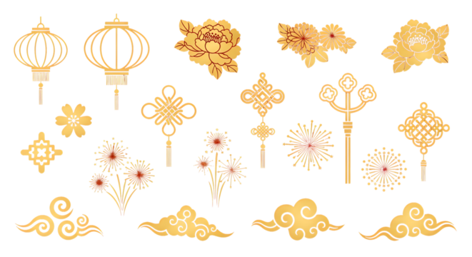 Celebrate Lunar New Year with golden lanterns, lucky knots, and festive fireworks, perfect for cultural events, traditional designs, and vibrant Asian celebrations