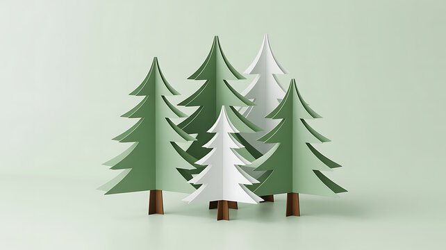 A group of stylized green and white paper christmas trees on a light green background