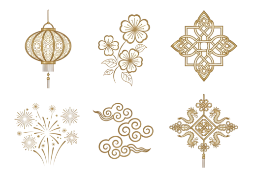Elegant golden Chinese New Year icons blossom with tradition, perfect for festive designs and celebrating cultural heritage, bringing prosperity and joy