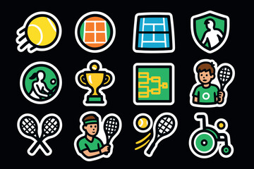 Colorful tennis icons set featuring players, courts, and equipment