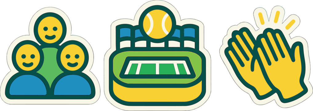 Colorful emoji stickers featuring smiling faces, sports stadium, clapping hands