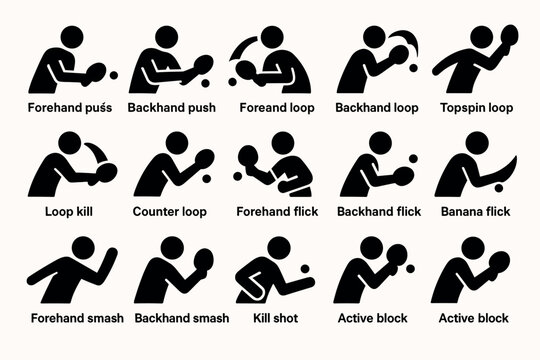 Table tennis techniques: visual guide with player silhouettes and actions