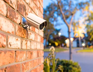 Security camera on brick wall at dusk