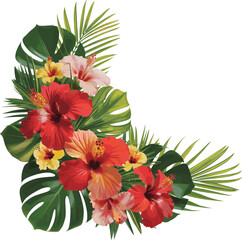 Vibrant tropical floral arrangement with red hibiscus, lush green palm leaves, exotic summer bouquet design, botanical decorative corner element © Vactor Creatives