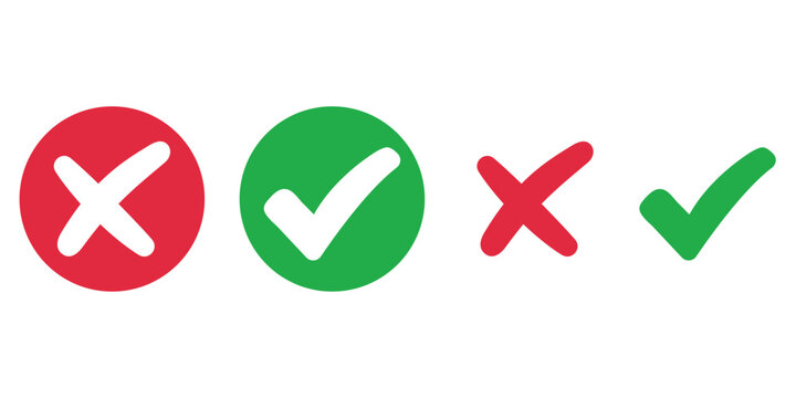 Checkmark x mark icon. Green checkmark and red x sign.