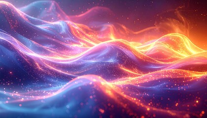 Abstract waves of light flow, blending cool blue and fiery orange. Sparkles add depth to the wavy landscape